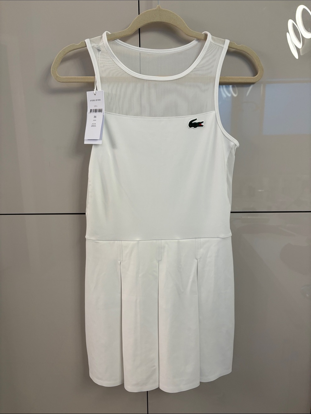 Lacoste White Mesh Yoke Pleated Tennis Dress with Croc Logo
